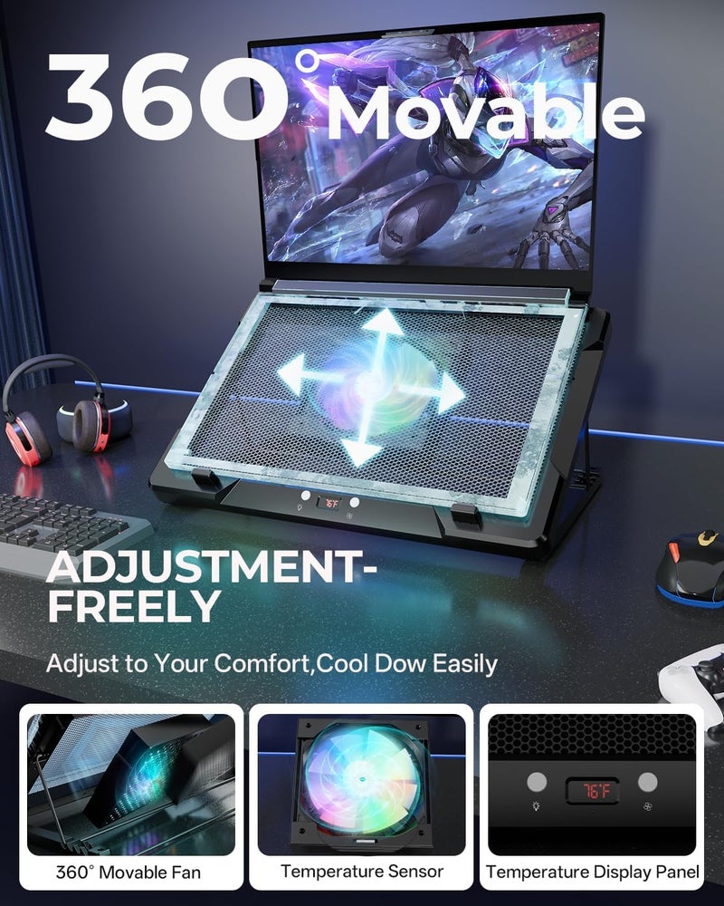 DEPGI Laptop Cooling Pad, Laptop Cooler Stand with 5.5" Movable Fan Easy to Clean, Auto Temp Sensor & 3-Speed Manual Control, Ultra Quiet ≤40dB for 14–17.3 Inch Laptops，Black - Image 2